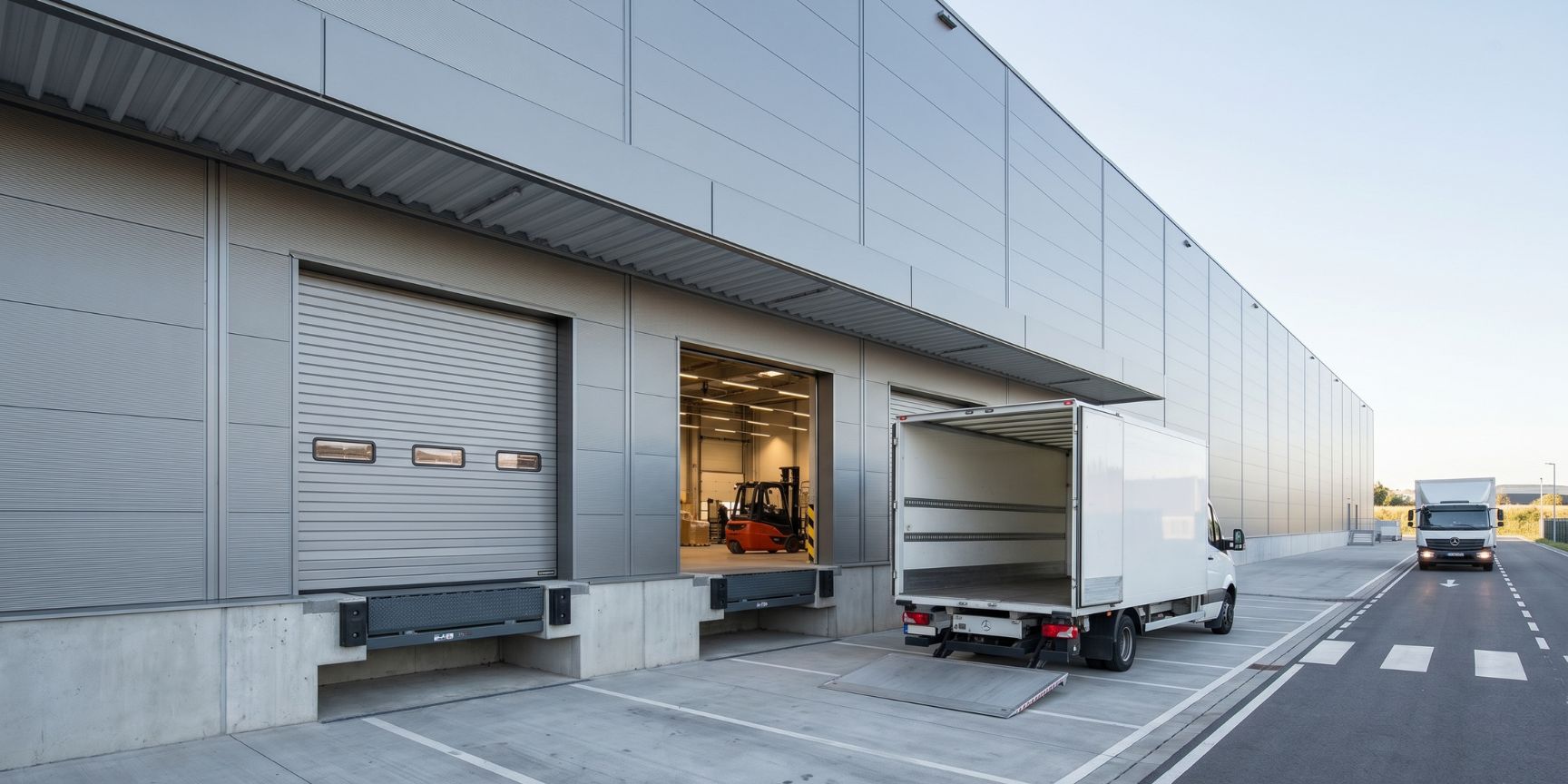 Ansicht mehrerer Verladestellen an einer modernen Logistikimmobilie mit Klappkeilbrücken. Lkw angedockt, Blick in die beleuchtete Lagerhalle mit Staplerverkehr.